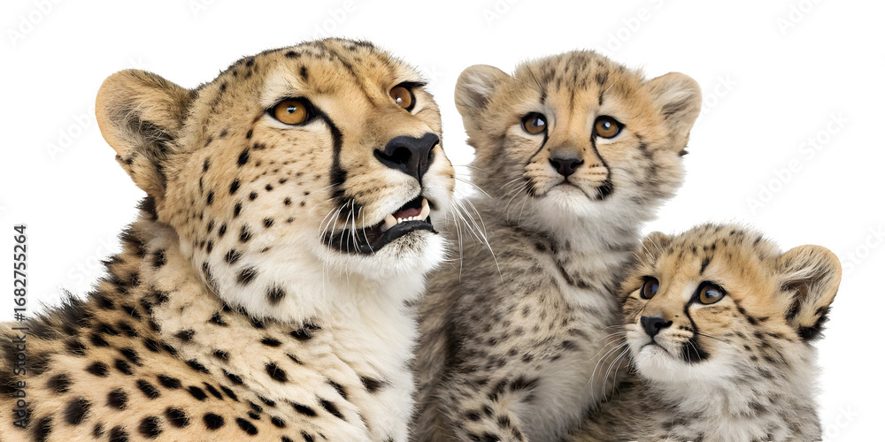 Obraz premium Highly Detailed 8 K Close Up Portrait of a Mother Cheetah and Two Cubs Against a Black Background Showing Their Spots and Fur Texture in Warm Tan and Black Hues