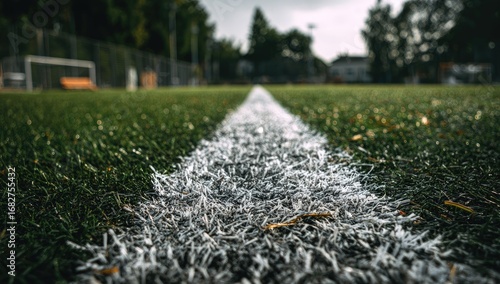 Close-up of a white line on a green soccer field.  The line is textured, and the grass is visible.  Blurred background shows surrounding trees and a goal post