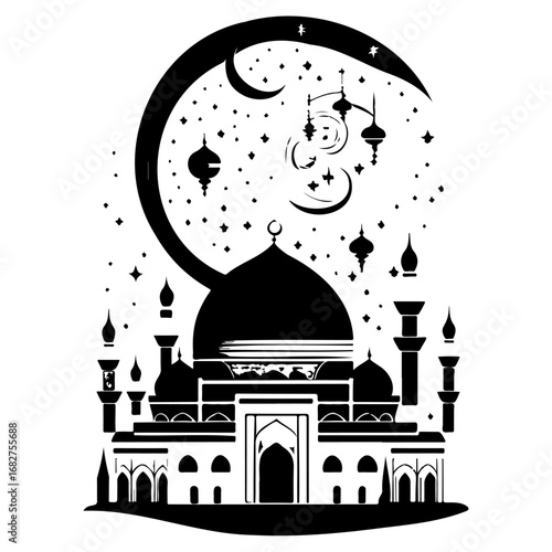 Silhouette design showcasing an arabian mosque under a crescent moon with celestial decorative
