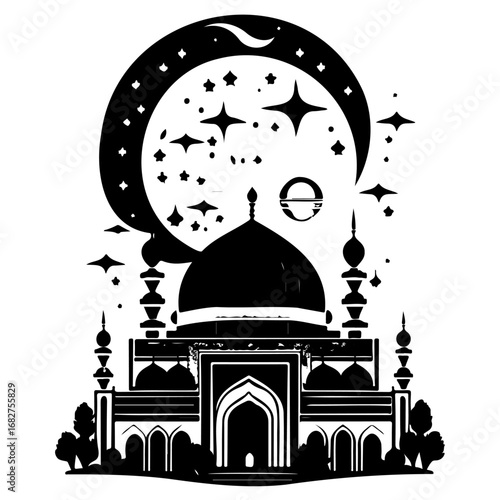 Silhouette illustration depicting a mosque set against a celestial backdrop of stars and crescent