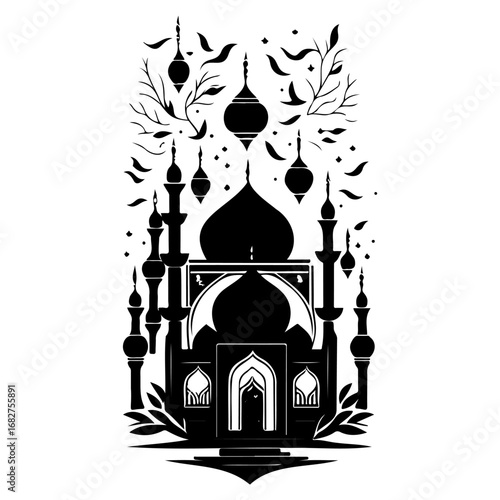 Silhouette illustration of a mosque architecture enhanced with decorative vegetation elements for