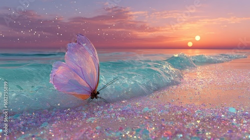 Magical Butterfly Sunset Beach Scene Sparkling Glitter Ocean Waves