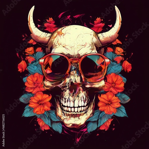 an AI Image Generator, Colorful Skull with Horns Surrounded by Flowers and Sunglasses