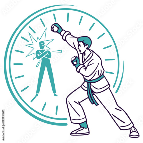 Dynamic illustrated male martial artist in white gi teal belt and gloves delivering a powerful punch.
