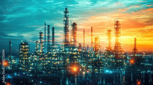A large, industrial oil refinery at sunset with glowing lights and towering structures.