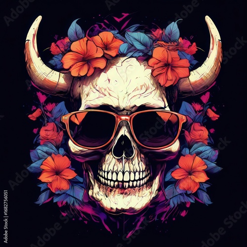 an AI Image Generator, Colorful Skull with Horns Surrounded by Flowers and Sunglasses