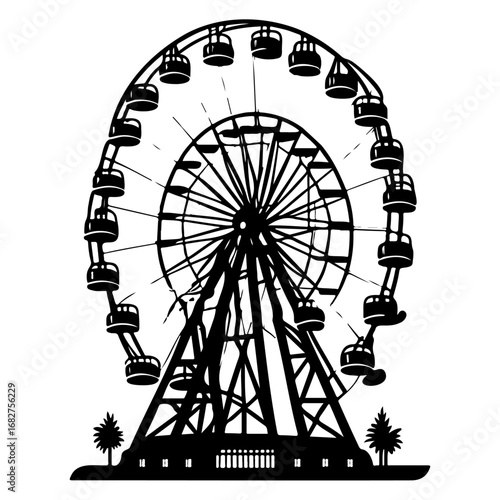 Silhouette of a towering ferris wheel showcases amusement park fun capturing the thrill of a day