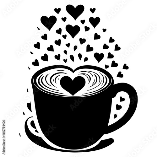 Silhouette of coffee mug filled with hearts symbolizing love or affection warm beverage
