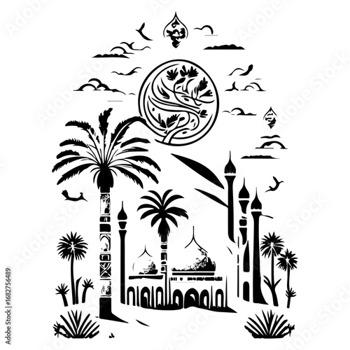 Silhouette of middle eastern scenery depicting palms towers and domes under a floral sun artfully