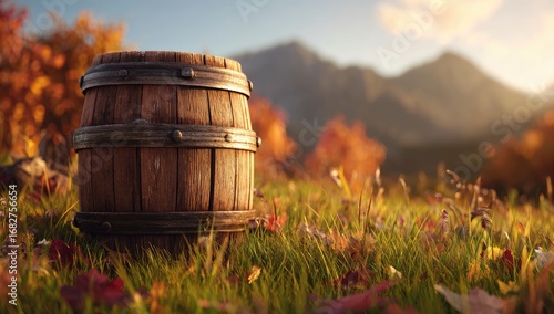 Wooden barrel in autumnal meadow.  Mountain backdrop