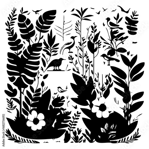 Silhouette serenity vector: An abstract tropical foliage illustration with birds amid flora