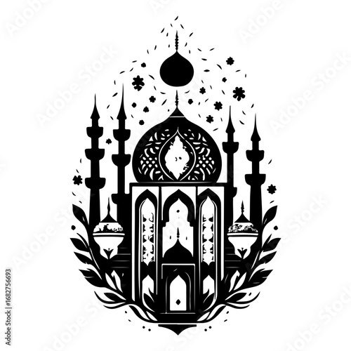 Silhouette vector illustration mosque with ornaments and details symbolizing a traditional