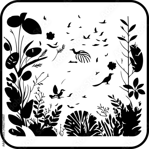 Silhouette wilderness scene featuring various birds plants and foliage creates a dense and