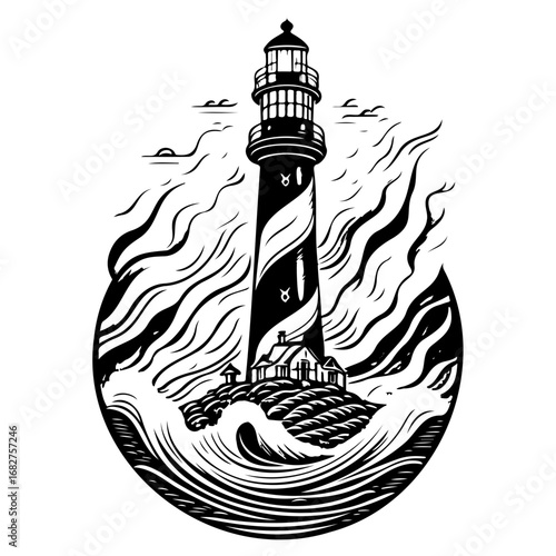 Striking black and white lighthouse illustration, guiding light through turbulent waters artistic