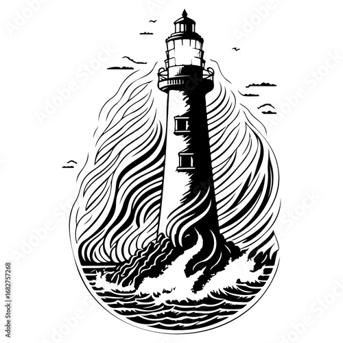 Striking black and white lighthouse illustration amidst stylized waves and dramatic sky offering