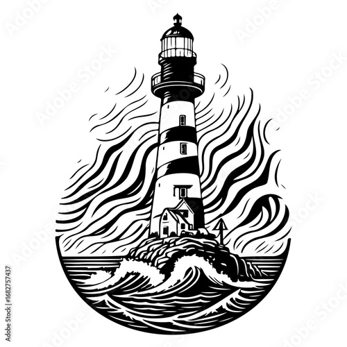 Striking lighthouse illustration guides sailors amid swirling waves and dramatic skies