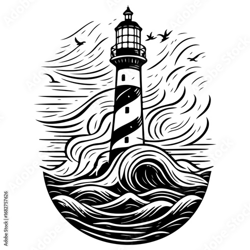 Striking maritime illustration of a lighthouse amidst rough seas and soaring birds creating