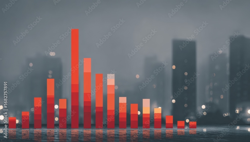 Fototapeta premium Urban cityscape with stacked red bar graph