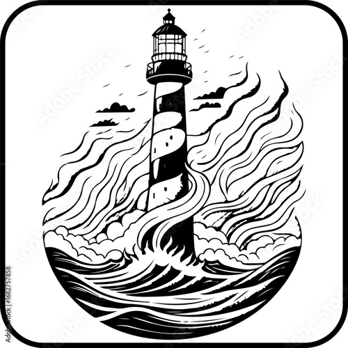 Striking monochrome illustration of a coastal lighthouse amidst turbulent waters and dramatic sky
