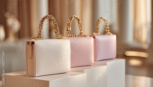 Wallpaper Mural Three pastel-toned handbags, light beige and pink, displayed on white plinths in a light-filled interior. Gold chain handles Torontodigital.ca