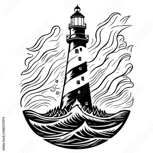 Striking monochrome lighthouse beacon amidst stylized waves and swirling clouds a symbol of guidance