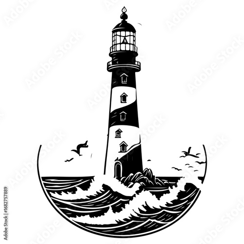 Striking monochrome illustration of a lighthouse amidst crashing waves conveys coastal resilience