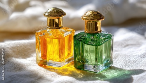 Two small, square perfume bottles, one amber yellow and the other a translucent green, sit on a light beige fabric.  Golden caps adorn the tops