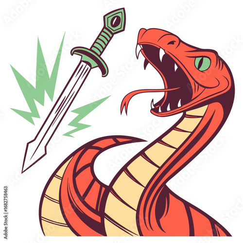 Fierce Red Snake with Open Mouth Showing Fangs and Tongue Vector Illustration.