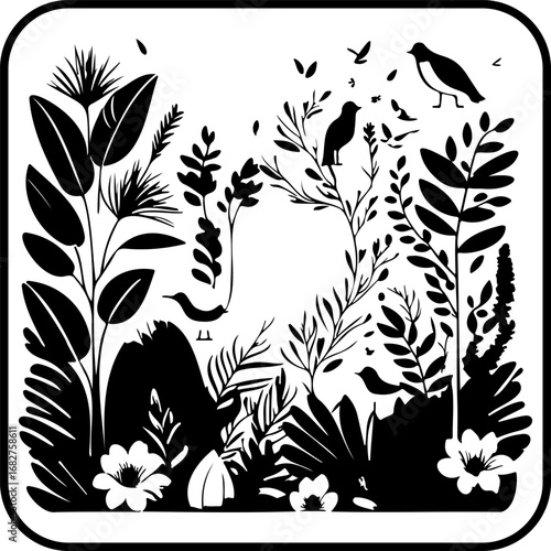 Stylized avian flora illustration: a monochrome display of birds amid flourishing foliage artistry