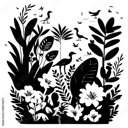 Stylized avian sanctuary illustration showcasing flora and fauna amidst a serene natural