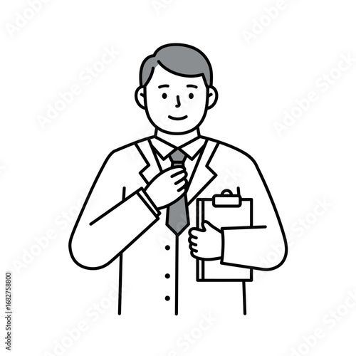 Cartoon doctor adjusting tie holding clipboard wearing white coat smiling gently.