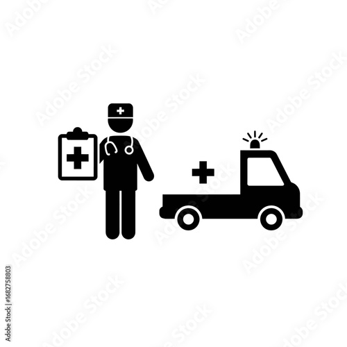 Black silhouette of a doctor with clipboard and ambulance icon with cross.