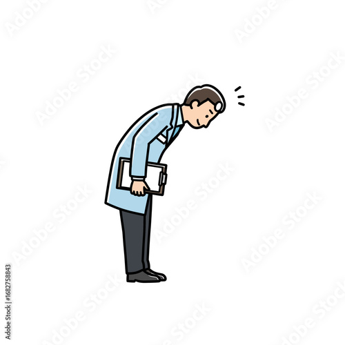 Cartoon Doctor Bowing Respectfully Holding Clipboard in Light Blue Coat.