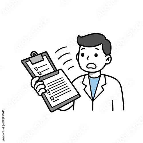 Cartoon doctor holding clipboard with checklist looking surprised or shocked wearing white coat.