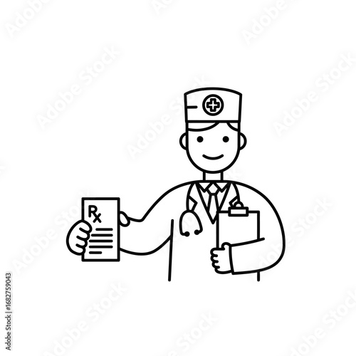 Cartoon Doctor Holding Prescription and Clipboard Wearing Uniform and Stethoscope.