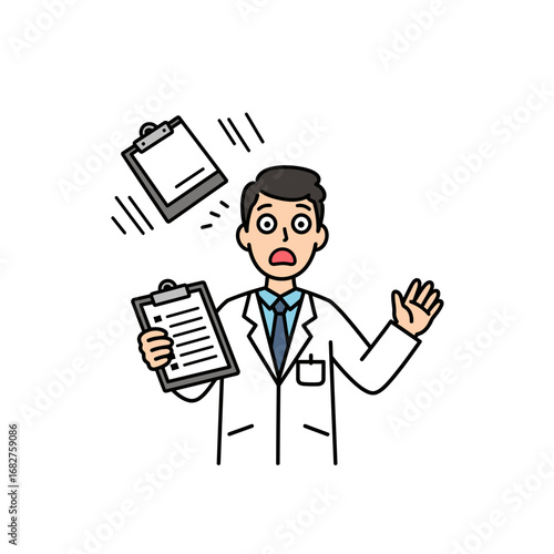 Cartoon doctor in white coat dropping clipboard with surprised expression.