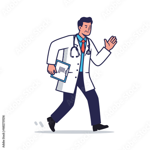 Cartoon doctor running with clipboard wearing white coat and stethoscope waving hand.