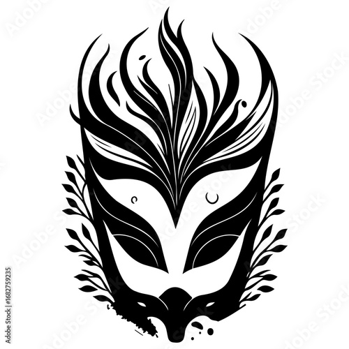 Stylized black and white masquerade mask with floral details artistic flair evoking mysterious