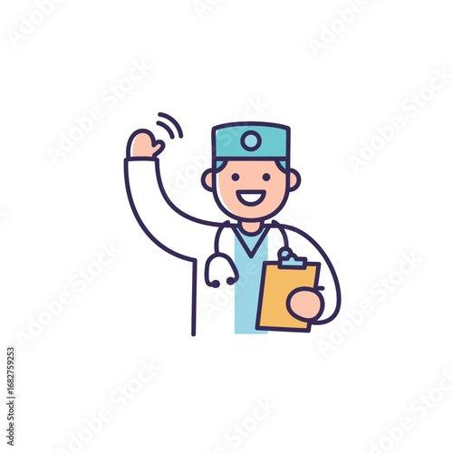 Cartoon Doctor Waving with Stethoscope and Clipboard Smiling Face Blue and Brown Accents.