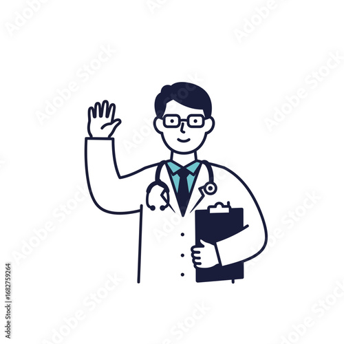 Cartoon Doctor Waving with Clipboard Wearing Glasses and Stethoscope.