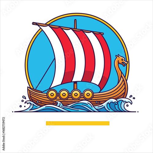 Viking Ship Illustration on a Wavy Ocean with a Circular Blue Background
