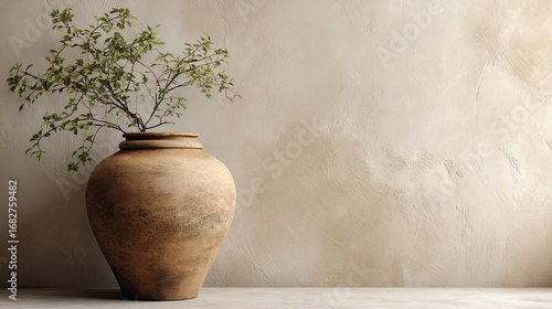Rustic Ceramic Vase with Greenery on Textured Wall