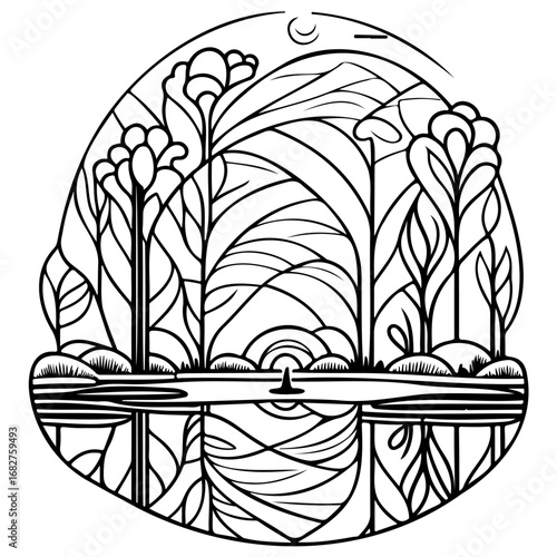 Stylized botanical landscape illustration featuring unique foliage reflected in serene waters