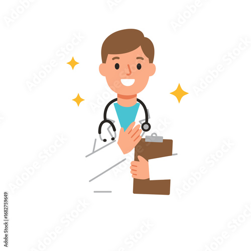 Cartoon Doctor with Stethoscope and Clipboard Smiling Wearing White Coat 2.