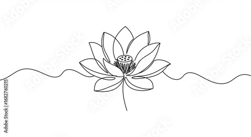 Elegant single line drawing of a lotus flower blooming with serene water ripples below