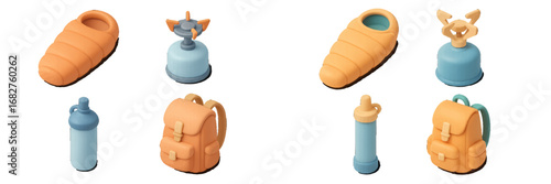 Camping Equipment Collection: Sleeping Bag, Stove, Water Bottle, Backpack. Modern 3D Icon Set