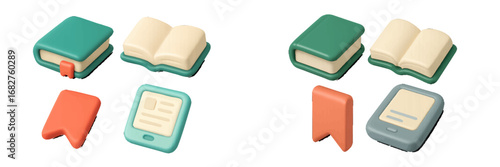 Stylized books and e-reader icons for reading and digital literature. Modern 3D Icon Set