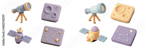 3D Space Icons: Telescope, Moon, Satellite, Constellations. Modern 3D Icon Set