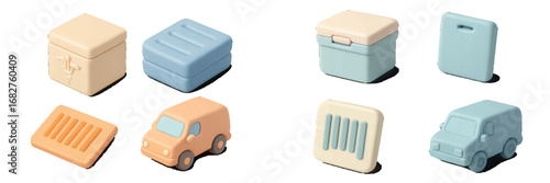 Stylized 3D objects with containers, vehicles, and abstract shapes in pastel colors. Modern 3D Icon Set