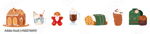 Festive winter bakery set with gingerbread house, hot chocolate, panettone and holiday desserts. Cozy local Christmas sweets for seasonal design, invitations, packaging, posters and decoration Vector